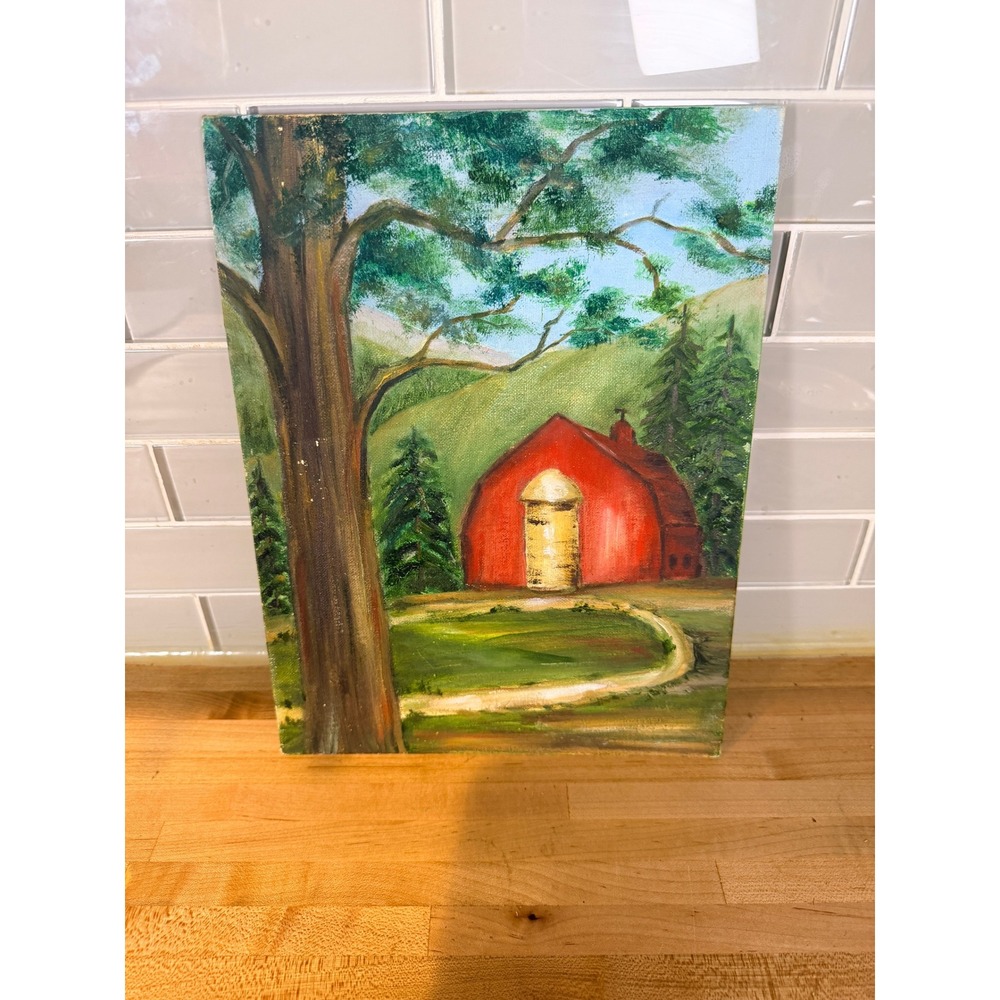 Vintage Red Barn Oil Painting Rustic Farmhouse Landscape Craftint Canvas Panel